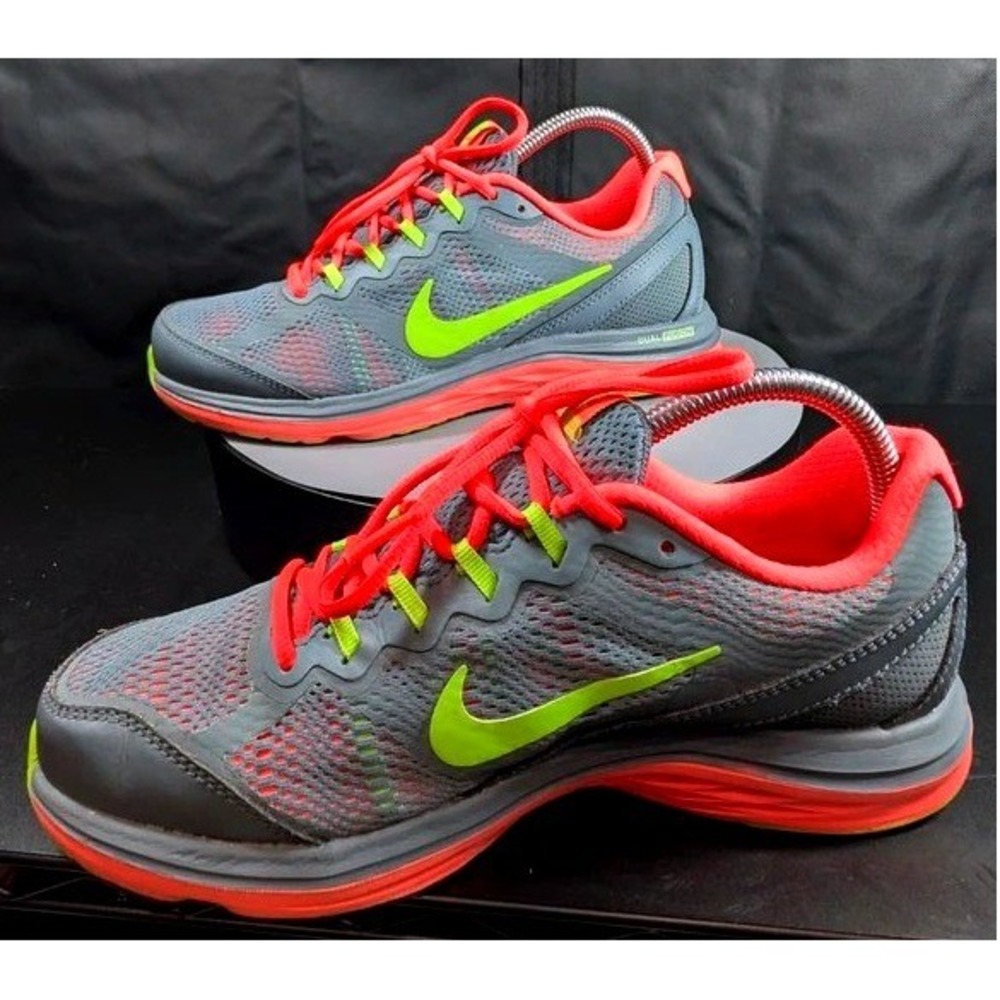 Nike Dual Fusion Run 3 Womens Sz 8.5 Gray Neon Green Pink 653594-400 Running